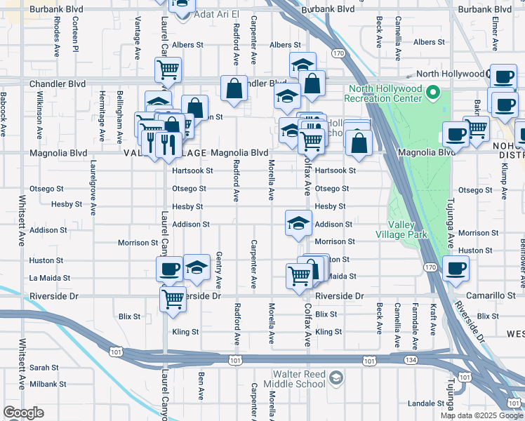 map of restaurants, bars, coffee shops, grocery stores, and more near 11815 Hesby Street in Los Angeles