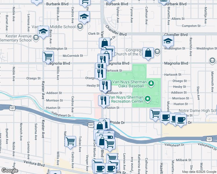 map of restaurants, bars, coffee shops, grocery stores, and more near 5021 Tilden Avenue in Los Angeles