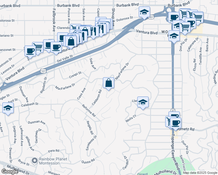 map of restaurants, bars, coffee shops, grocery stores, and more near 22460 Venido Road in Los Angeles