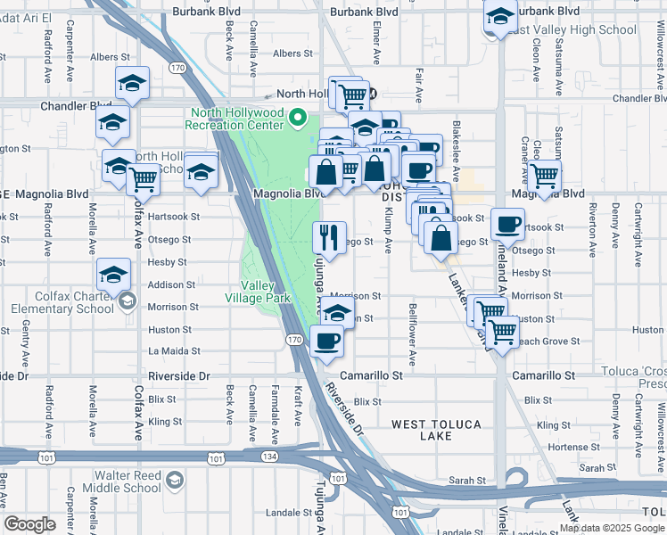 map of restaurants, bars, coffee shops, grocery stores, and more near 5056 Tujunga Avenue in Los Angeles