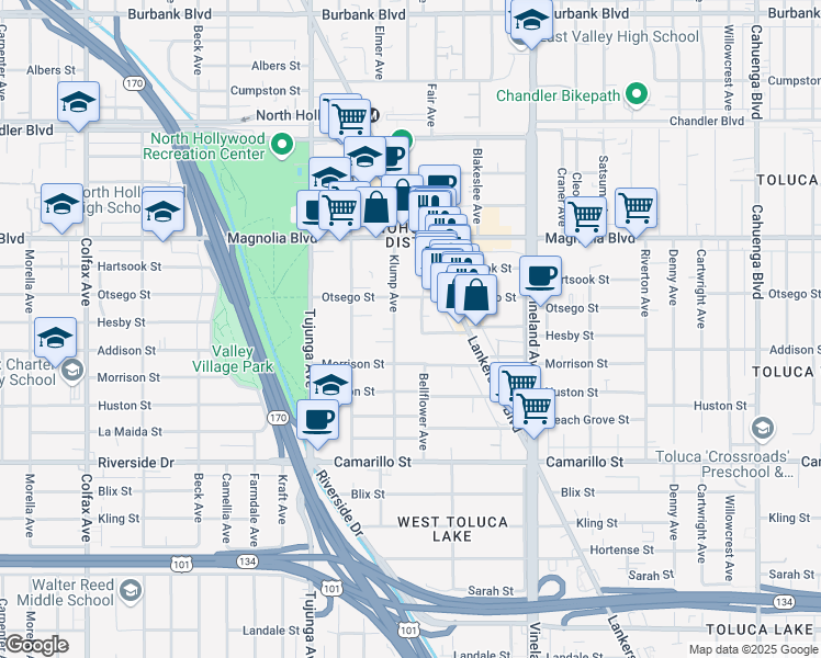 map of restaurants, bars, coffee shops, grocery stores, and more near 11127 Hesby Street in Los Angeles