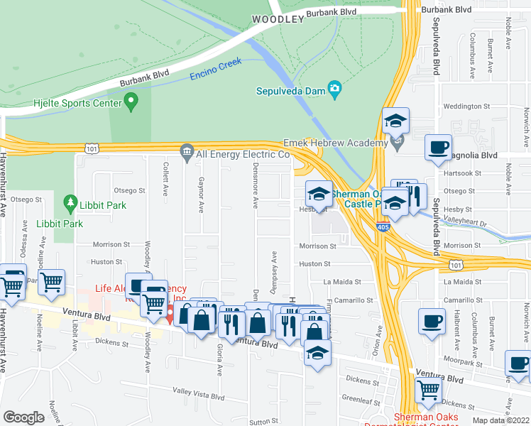 map of restaurants, bars, coffee shops, grocery stores, and more near 15747 Addison Street in Los Angeles