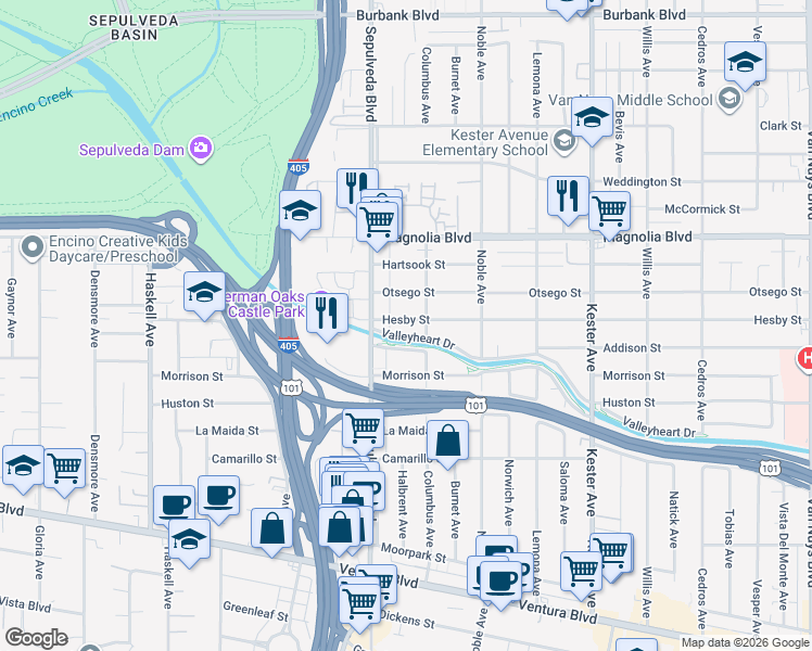 map of restaurants, bars, coffee shops, grocery stores, and more near 15222 Hesby Street in Los Angeles