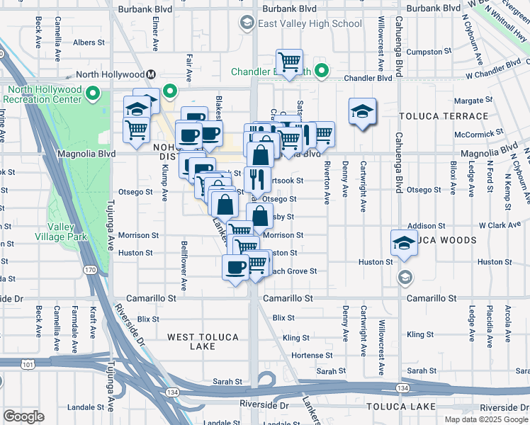 map of restaurants, bars, coffee shops, grocery stores, and more near 10942 Otsego Street in Los Angeles