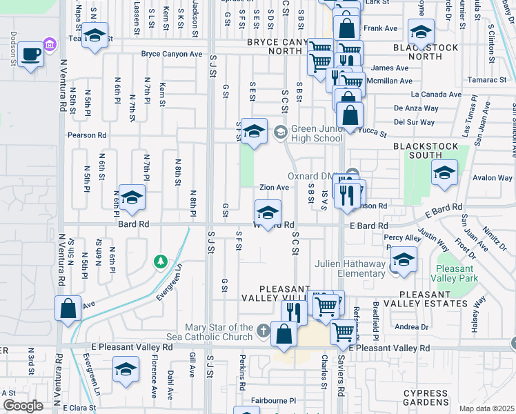 map of restaurants, bars, coffee shops, grocery stores, and more near 4045 Encino Place in Oxnard