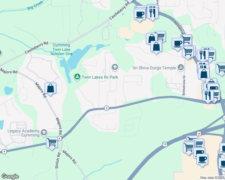 map of restaurants, bars, coffee shops, grocery stores, and more near 3033 Kentmere Drive in Cumming