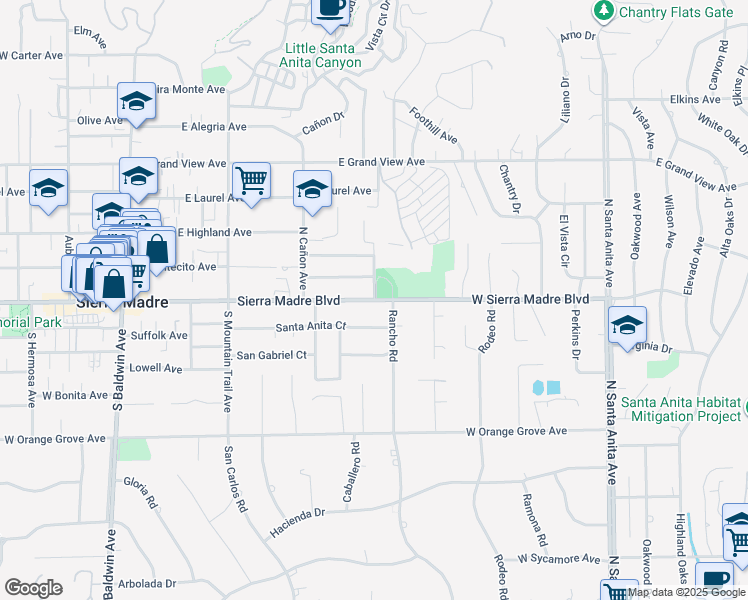 map of restaurants, bars, coffee shops, grocery stores, and more near 531 Sierra Madre Boulevard in Sierra Madre