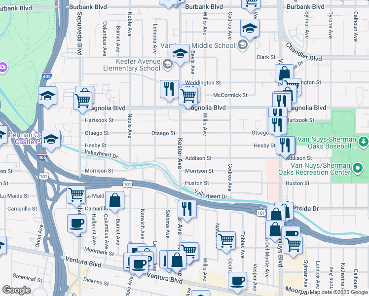 map of restaurants, bars, coffee shops, grocery stores, and more near 14833 Hesby Street in Los Angeles