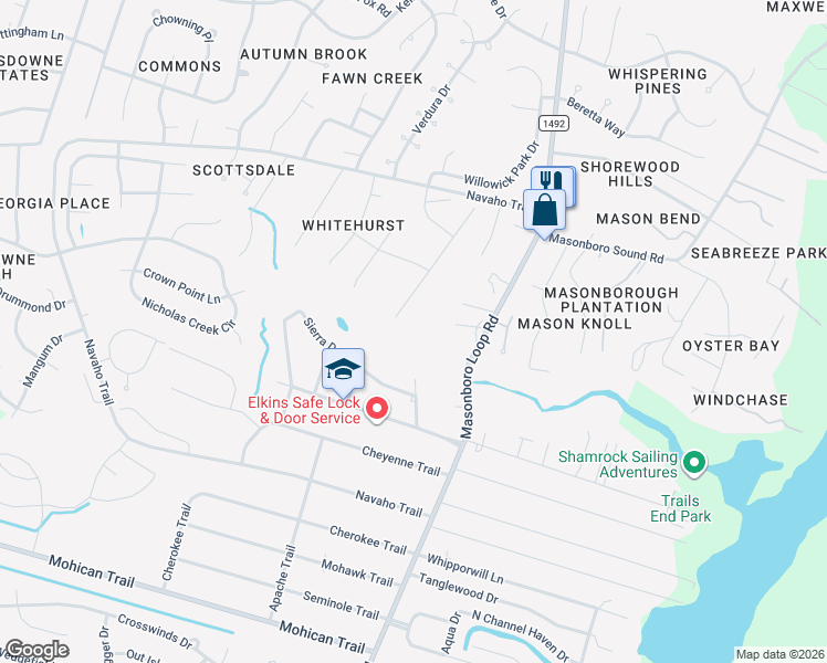 map of restaurants, bars, coffee shops, grocery stores, and more near 4236 Masonboro Loop Road in Wilmington