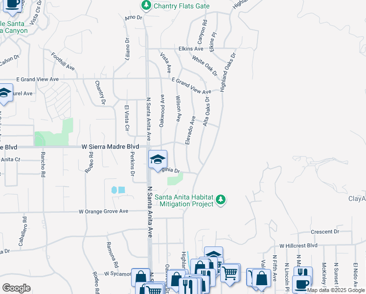 map of restaurants, bars, coffee shops, grocery stores, and more near 1675 Elevado Avenue in Arcadia