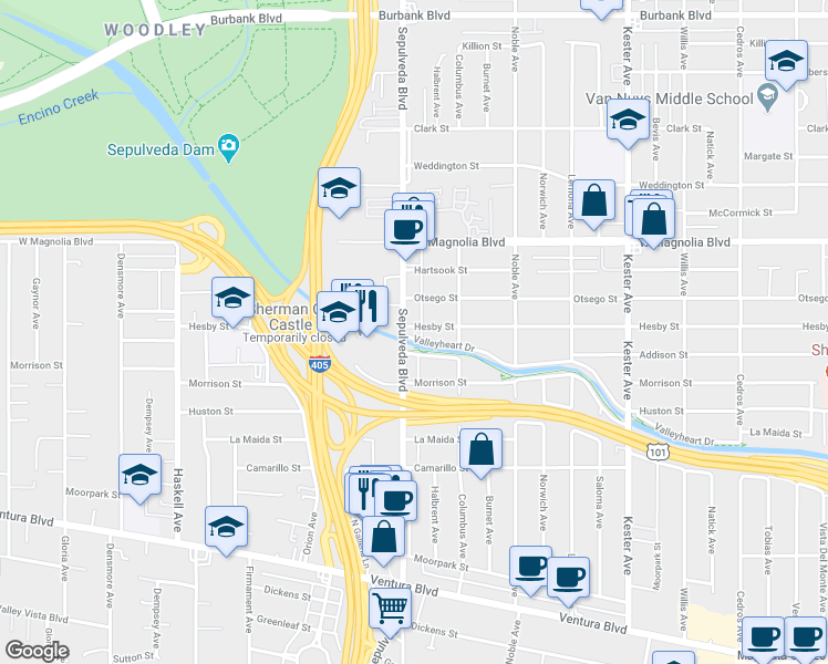 map of restaurants, bars, coffee shops, grocery stores, and more near 5030 Sepulveda Boulevard in Los Angeles