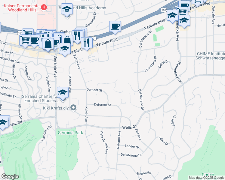 map of restaurants, bars, coffee shops, grocery stores, and more near 5136 Dumont Place in Los Angeles