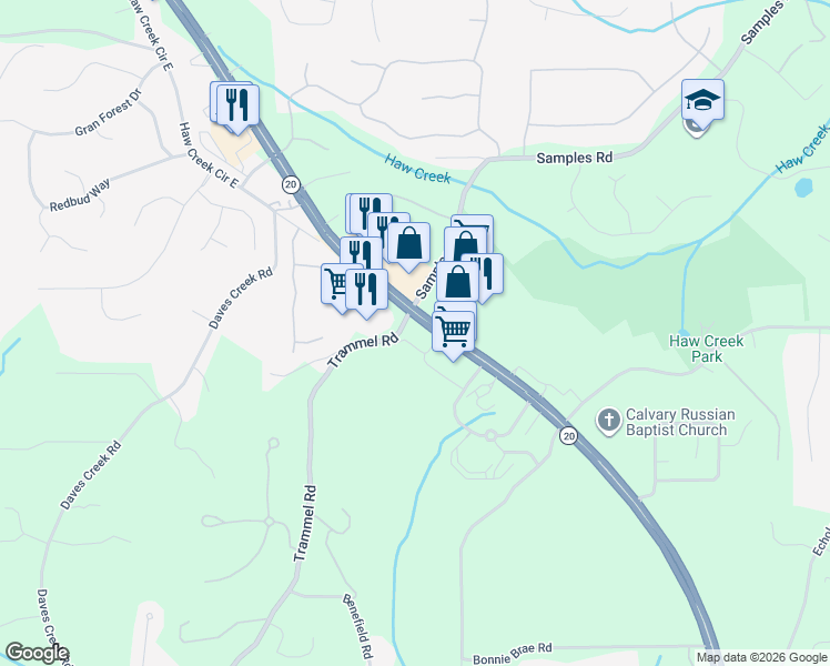 map of restaurants, bars, coffee shops, grocery stores, and more near 1710 Buford Highway in Cumming