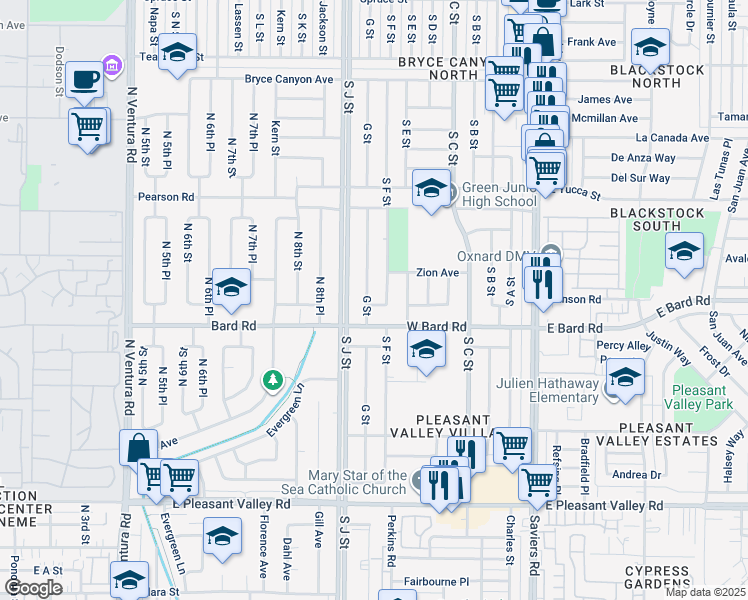 map of restaurants, bars, coffee shops, grocery stores, and more near 4100 South F Street in Oxnard