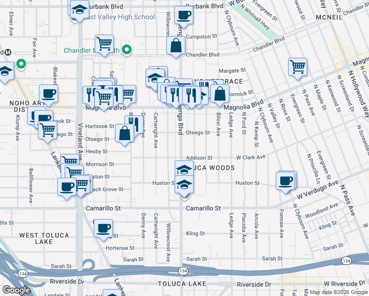 map of restaurants, bars, coffee shops, grocery stores, and more near 5041 Cahuenga Boulevard in Los Angeles