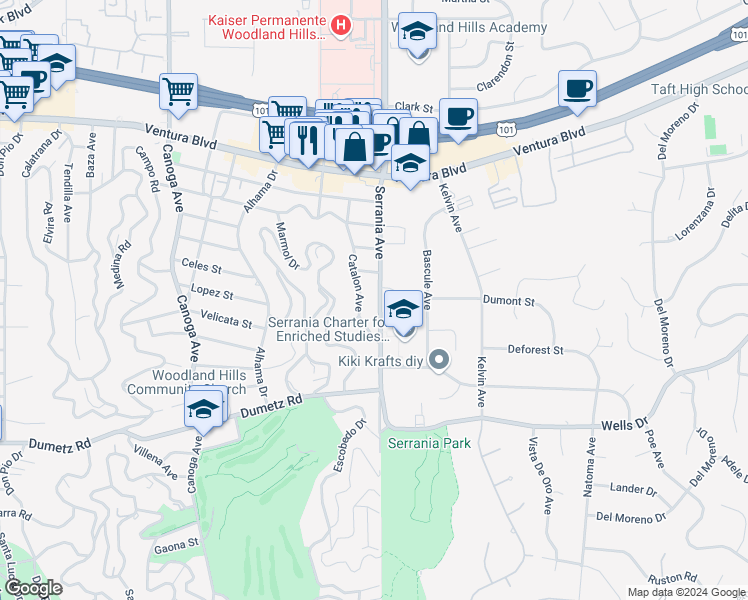 map of restaurants, bars, coffee shops, grocery stores, and more near 5049 Serrania Avenue in Los Angeles