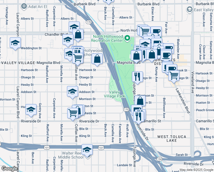 map of restaurants, bars, coffee shops, grocery stores, and more near 5029 Westpark Drive in Los Angeles