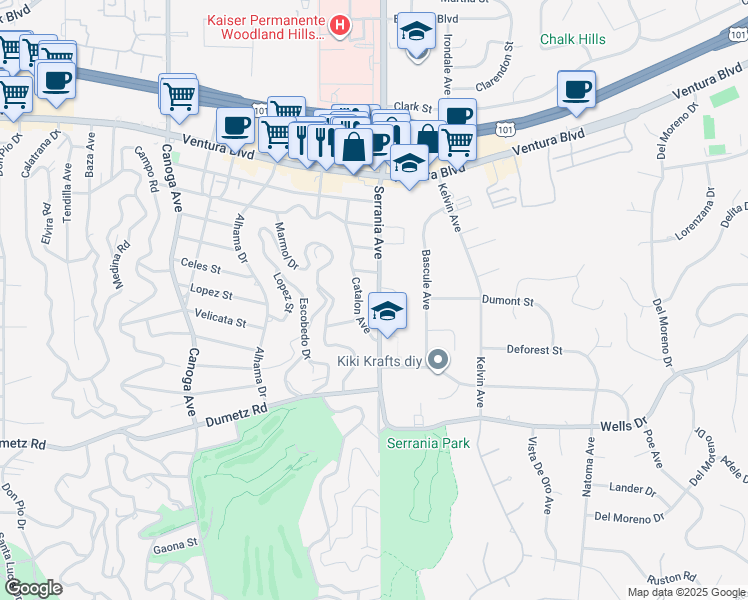 map of restaurants, bars, coffee shops, grocery stores, and more near 5049 Serrania Avenue in Los Angeles