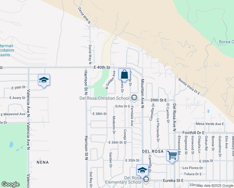 map of restaurants, bars, coffee shops, grocery stores, and more near 3917 Garden Drive in San Bernardino