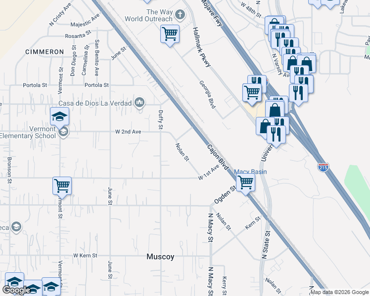 map of restaurants, bars, coffee shops, grocery stores, and more near 2145 West 2nd Avenue in Muscoy