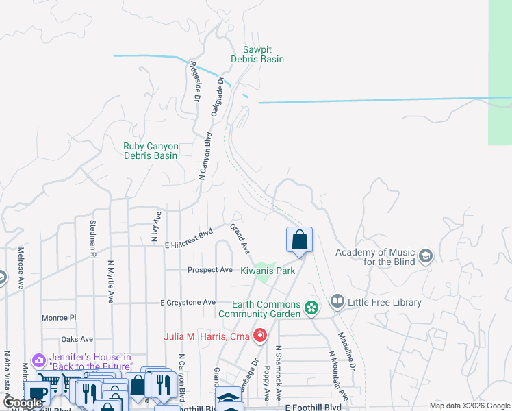 map of restaurants, bars, coffee shops, grocery stores, and more near 509 Norumbega Drive in Monrovia