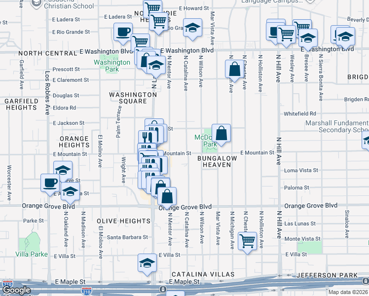 map of restaurants, bars, coffee shops, grocery stores, and more near 953 North Catalina Avenue in Pasadena