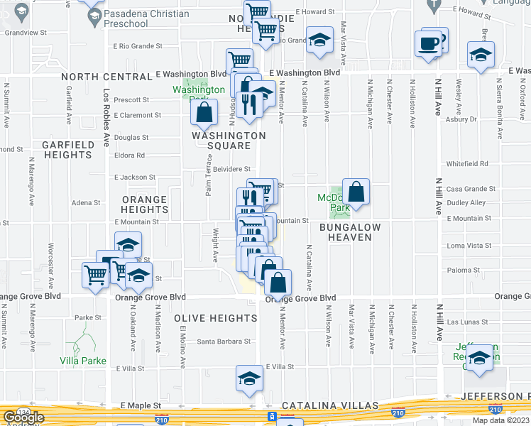 map of restaurants, bars, coffee shops, grocery stores, and more near 956 North Lake Avenue in Pasadena