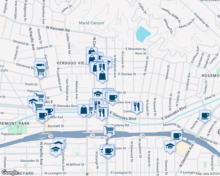 map of restaurants, bars, coffee shops, grocery stores, and more near 1131 North Maryland Avenue in Glendale