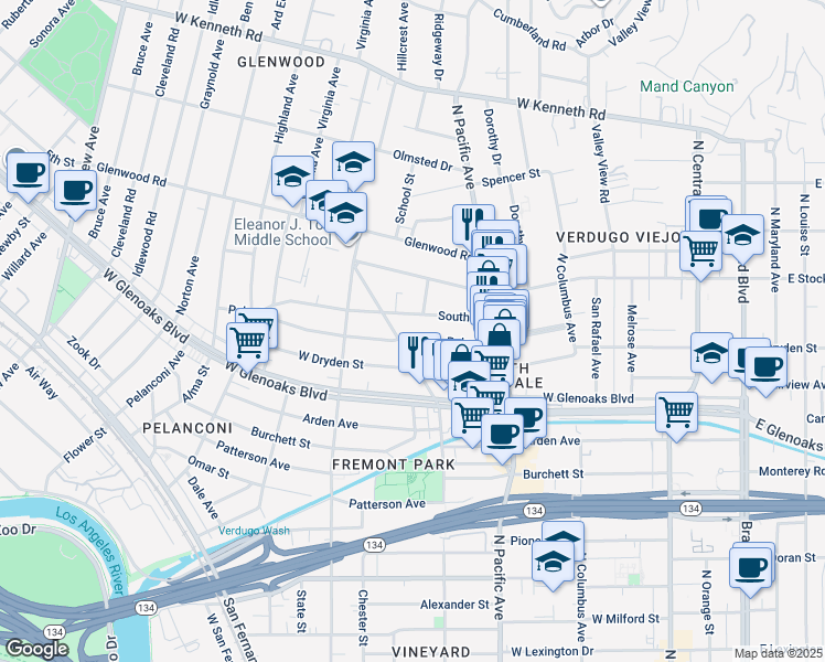 map of restaurants, bars, coffee shops, grocery stores, and more near 566 South Street in Glendale