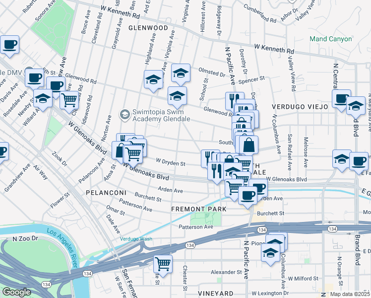 map of restaurants, bars, coffee shops, grocery stores, and more near 628 South Street in Glendale