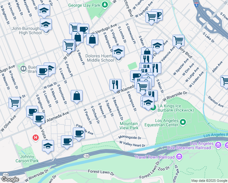 map of restaurants, bars, coffee shops, grocery stores, and more near 536 South Griffith Park Drive in Burbank