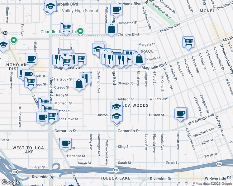 map of restaurants, bars, coffee shops, grocery stores, and more near 5041 Cahuenga Boulevard in Los Angeles