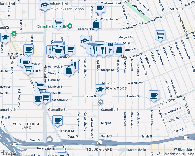 map of restaurants, bars, coffee shops, grocery stores, and more near 5041 Cahuenga Boulevard in Los Angeles