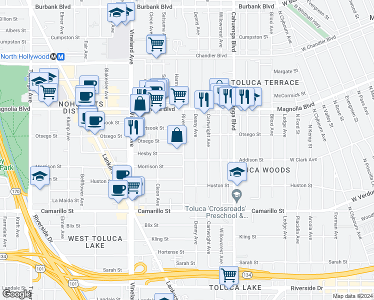 map of restaurants, bars, coffee shops, grocery stores, and more near 5043 Denny Avenue in Los Angeles
