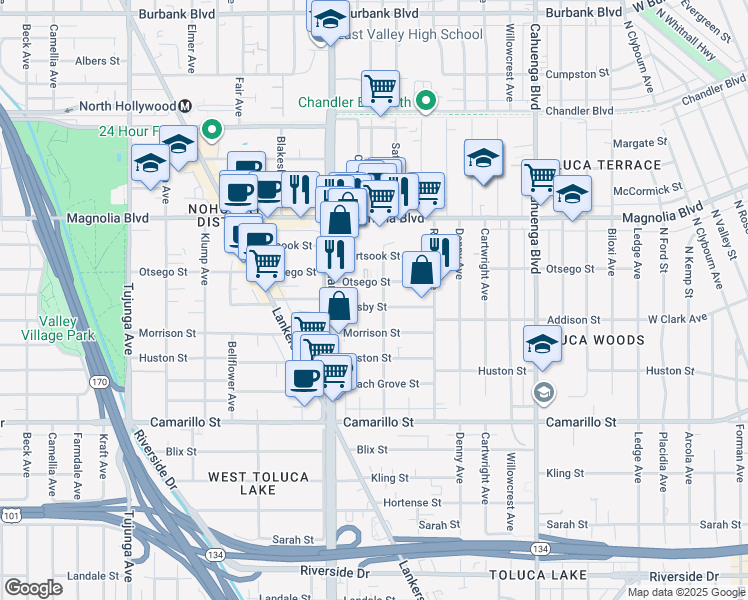 map of restaurants, bars, coffee shops, grocery stores, and more near 10860 Otsego Street in Los Angeles