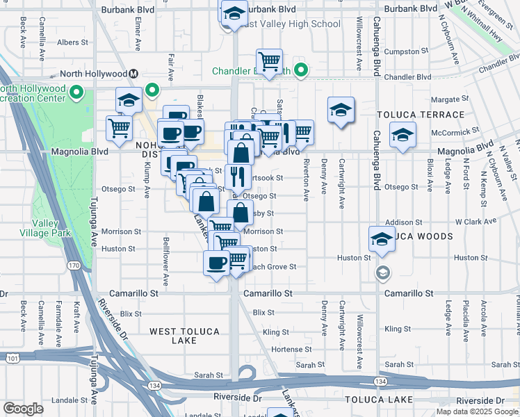 map of restaurants, bars, coffee shops, grocery stores, and more near 10942 Otsego Street in Los Angeles