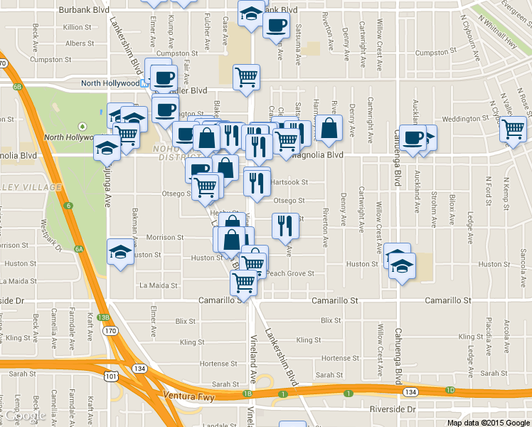 map of restaurants, bars, coffee shops, grocery stores, and more near 10942 Otsego Street in Los Angeles