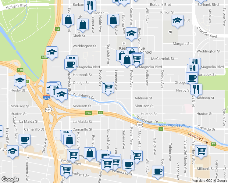 map of restaurants, bars, coffee shops, grocery stores, and more near 14955 Hesby Street in Los Angeles