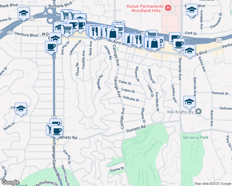 map of restaurants, bars, coffee shops, grocery stores, and more near 5135 Canoga Avenue in Los Angeles