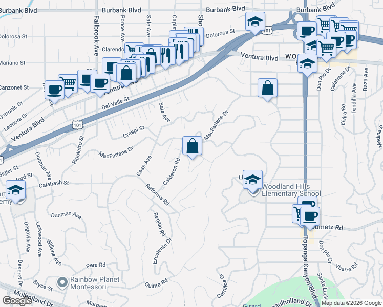 map of restaurants, bars, coffee shops, grocery stores, and more near 22463 Venido Road in Los Angeles