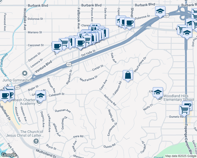 map of restaurants, bars, coffee shops, grocery stores, and more near 22661 Macfarlane Drive in Los Angeles