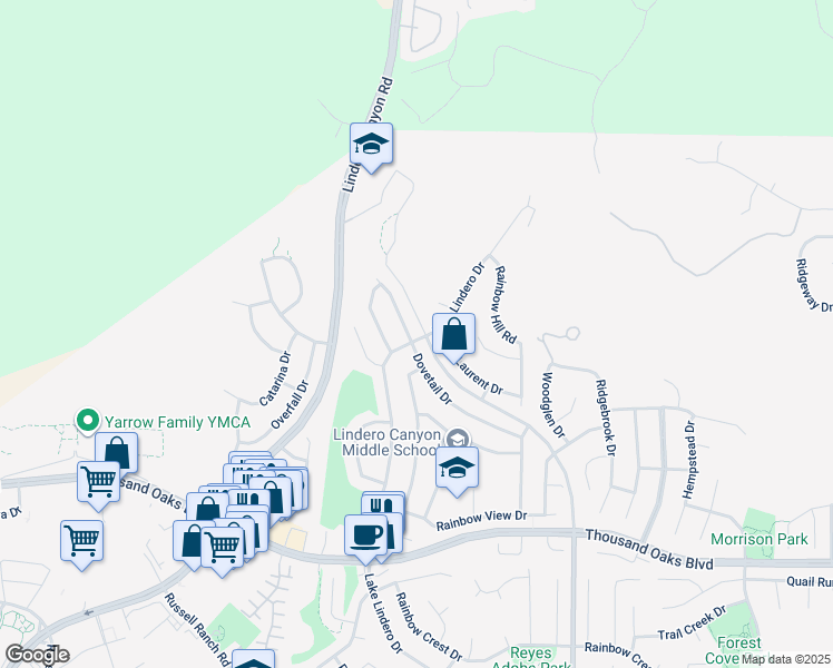 map of restaurants, bars, coffee shops, grocery stores, and more near 6027 Dovetail Drive in Agoura Hills