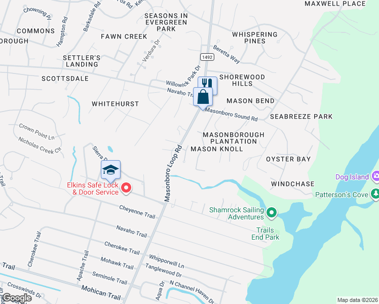 map of restaurants, bars, coffee shops, grocery stores, and more near 4183 Masonboro Loop Road in Wilmington