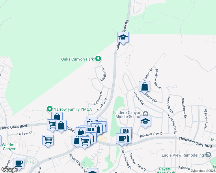 map of restaurants, bars, coffee shops, grocery stores, and more near 6018 Hedgewall Drive in Westlake Village
