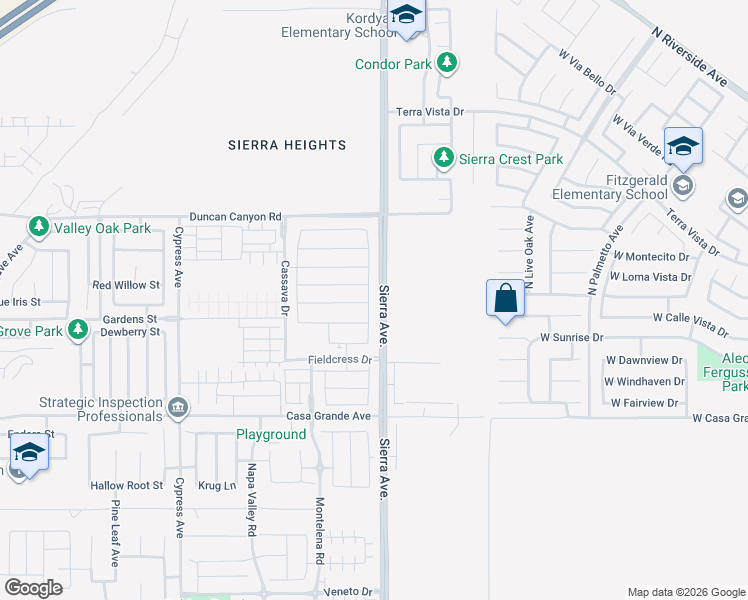 map of restaurants, bars, coffee shops, grocery stores, and more near 5061 Bay Laurel Drive in Fontana