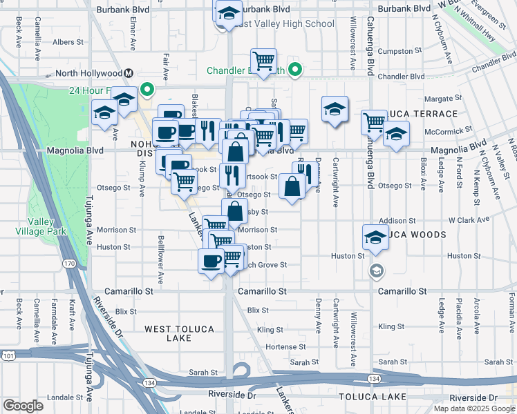 map of restaurants, bars, coffee shops, grocery stores, and more near 10860 Otsego Street in Los Angeles