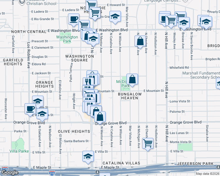 map of restaurants, bars, coffee shops, grocery stores, and more near 953 North Catalina Avenue in Pasadena