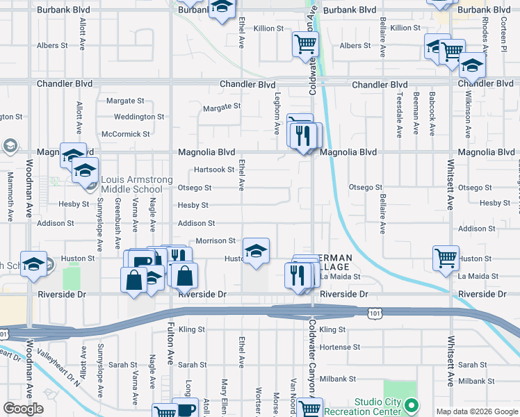 map of restaurants, bars, coffee shops, grocery stores, and more near 13032 Hesby Street in Los Angeles
