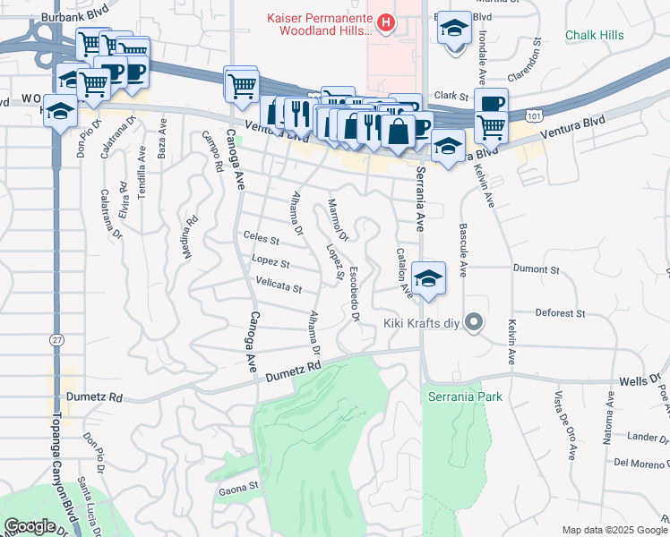 map of restaurants, bars, coffee shops, grocery stores, and more near 5120 Alhama Drive in Los Angeles