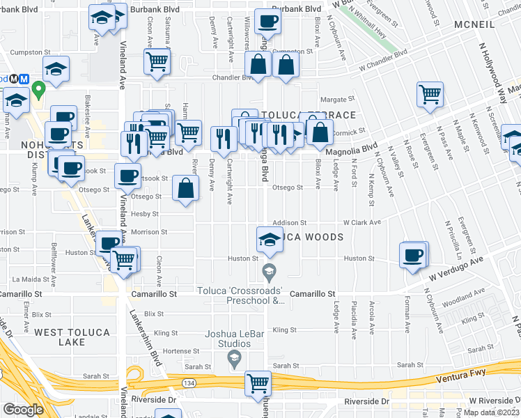 map of restaurants, bars, coffee shops, grocery stores, and more near 5025 Cahuenga Boulevard in Los Angeles